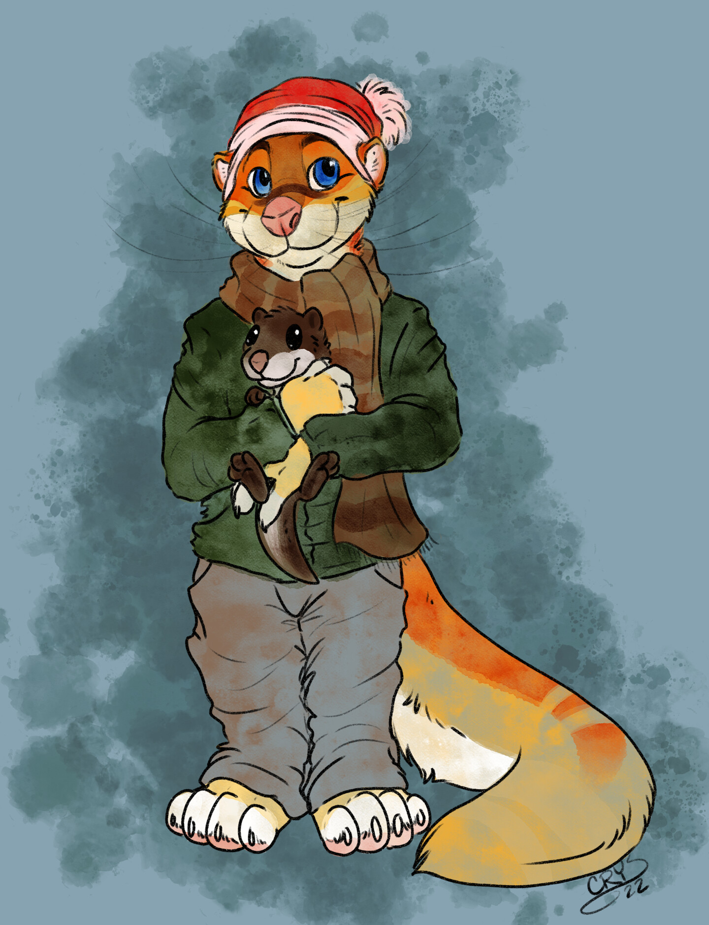 Snipsel wearing christmas hat, holding a small river otter